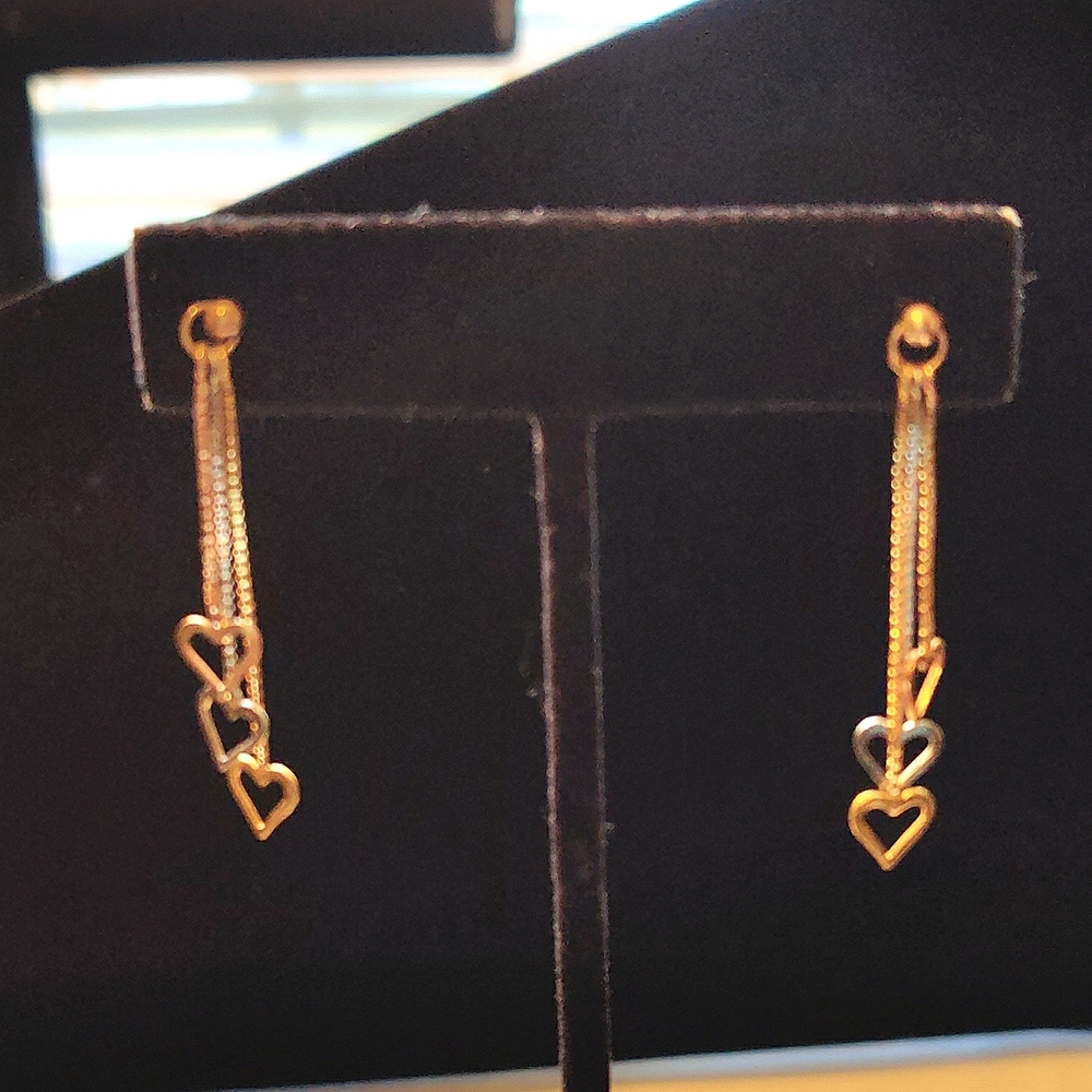 14K Yellow & White  Gold    Chain-Drop Heart Earrings